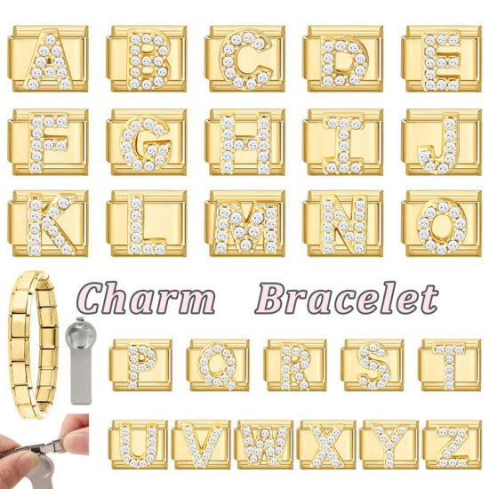 1 個 304ステンレス鋼+亜鉛合金 イタリアンチャームリンク DIY モジュラーブレスレット・時計用, キャピタルレター 文字「 A 」 透明ラインストーン 金メッキ - 卸売り, 10mm x 9mm の画像