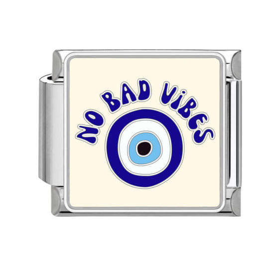 Picture of 1 Piece 304 Stainless Steel Italian Charm Links For DIY Modular Bracelet Watch Jewelry Making, Eye Message " NO BAD VIBES " Blue Enamel Silver Tone - Wholesale, 10mm x 9mm