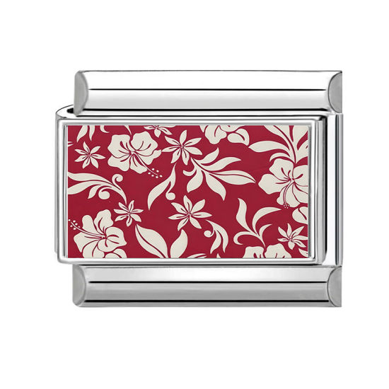 Picture of 1 Piece 304 Stainless Steel Italian Charm Links For DIY Modular Bracelet Watch Jewelry Making, Flower Red Silver Tone - Wholesale, 10mm x 9mm