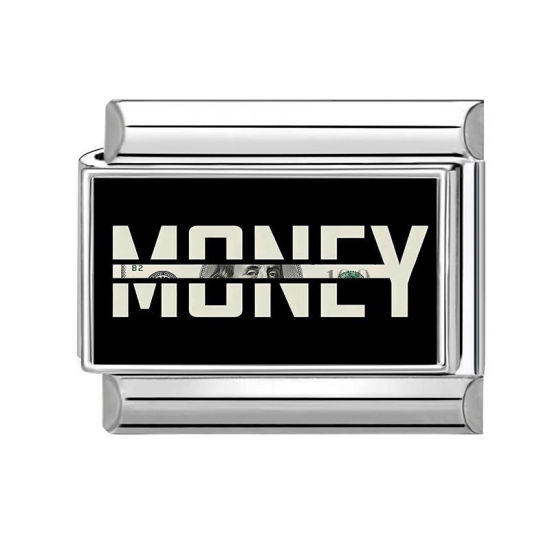 Picture of 1 Piece 304 Stainless Steel Italian Charm Links For DIY Modular Bracelet Watch Jewelry Making, Message " I Love Money " Black Silver Tone - Wholesale, 10mm x 9mm