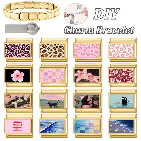 Picture of 1 Piece 304 Stainless Steel Italian Charm Links For DIY Modular Bracelet Watch Jewelry Making, Flower Pink Gold Plated - Wholesale, 10mm x 9mm