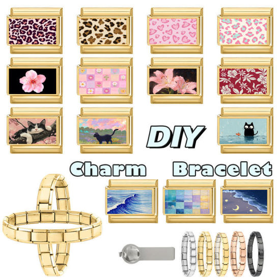 Picture of 1 Piece 304 Stainless Steel Italian Charm Links For DIY Modular Bracelet Watch Jewelry Making, Flower Pink Gold Plated - Wholesale, 10mm x 9mm