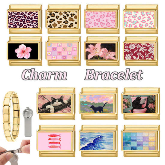 Picture of 1 Piece 304 Stainless Steel Italian Charm Links For DIY Modular Bracelet Watch Jewelry Making, Flower Pink Gold Plated - Wholesale, 10mm x 9mm