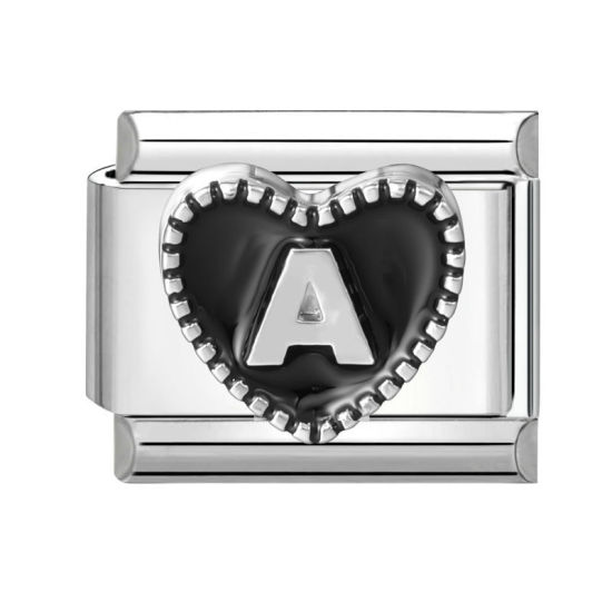 Image de 1 Pièce Maillons de Charme Italiens pour la Fabrication de Bijoux de Montres-Bracelets Modulables à Faire Soi-Même En Gros La Saint Valentin en 304 Acier Inoxydable & Alliage de Zinc Argent Mat en Noir Cœur Mots " A " 10mm x 9mm