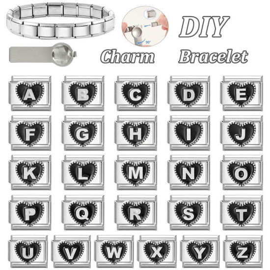Image de 1 Pièce Maillons de Charme Italiens pour la Fabrication de Bijoux de Montres-Bracelets Modulables à Faire Soi-Même En Gros La Saint Valentin en 304 Acier Inoxydable & Alliage de Zinc Argent Mat en Noir Cœur Mots " A " 10mm x 9mm