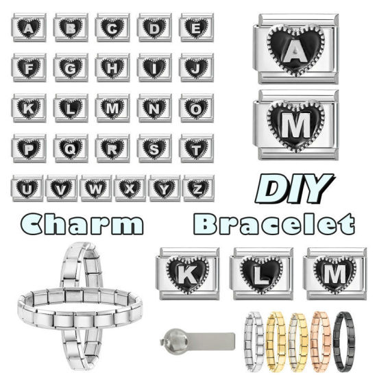 Image de 1 Pièce Maillons de Charme Italiens pour la Fabrication de Bijoux de Montres-Bracelets Modulables à Faire Soi-Même En Gros La Saint Valentin en 304 Acier Inoxydable & Alliage de Zinc Argent Mat en Noir Cœur Mots " A " 10mm x 9mm