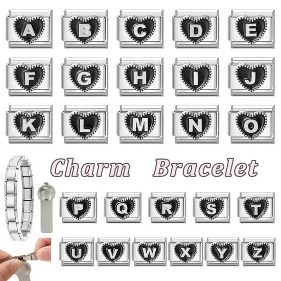 Image de 1 Pièce Maillons de Charme Italiens pour la Fabrication de Bijoux de Montres-Bracelets Modulables à Faire Soi-Même En Gros La Saint Valentin en 304 Acier Inoxydable & Alliage de Zinc Argent Mat en Noir Cœur Mots " A " 10mm x 9mm