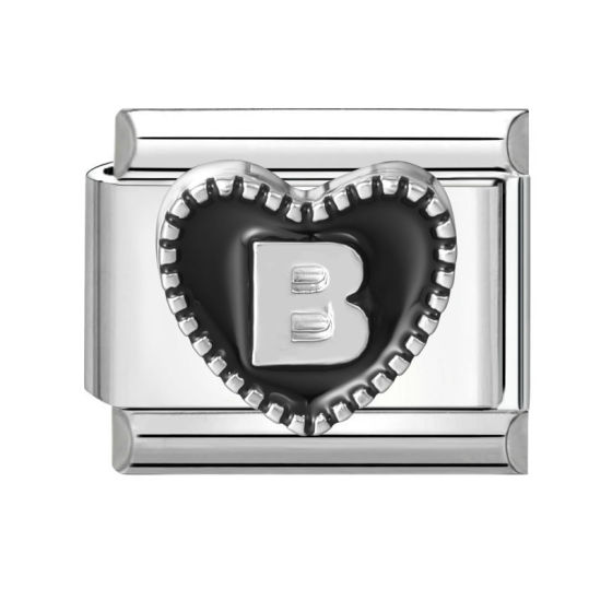 Image de 1 Pièce Maillons de Charme Italiens pour la Fabrication de Bijoux de Montres-Bracelets Modulables à Faire Soi-Même En Gros La Saint Valentin en 304 Acier Inoxydable & Alliage de Zinc Argent Mat en Noir Cœur Mots " B " 10mm x 9mm