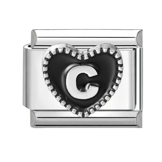 Image de 1 Pièce Maillons de Charme Italiens pour la Fabrication de Bijoux de Montres-Bracelets Modulables à Faire Soi-Même En Gros La Saint Valentin en 304 Acier Inoxydable & Alliage de Zinc Argent Mat en Noir Cœur Mots " C " 10mm x 9mm