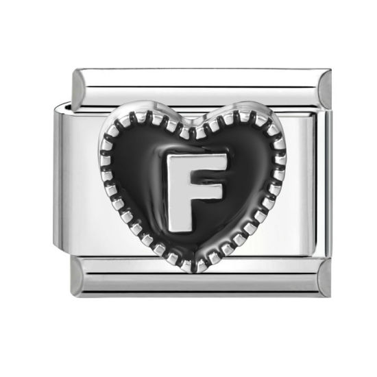 Image de 1 Pièce Maillons de Charme Italiens pour la Fabrication de Bijoux de Montres-Bracelets Modulables à Faire Soi-Même En Gros La Saint Valentin en 304 Acier Inoxydable & Alliage de Zinc Argent Mat en Noir Cœur Mots " F " 10mm x 9mm