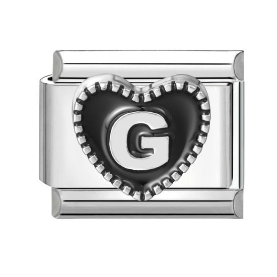 Image de 1 Pièce Maillons de Charme Italiens pour la Fabrication de Bijoux de Montres-Bracelets Modulables à Faire Soi-Même En Gros La Saint Valentin en 304 Acier Inoxydable & Alliage de Zinc Argent Mat en Noir Cœur Mots " G " 10mm x 9mm