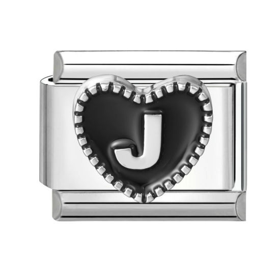 Image de 1 Pièce Maillons de Charme Italiens pour la Fabrication de Bijoux de Montres-Bracelets Modulables à Faire Soi-Même En Gros La Saint Valentin en 304 Acier Inoxydable & Alliage de Zinc Argent Mat en Noir Cœur Mots " J " 10mm x 9mm