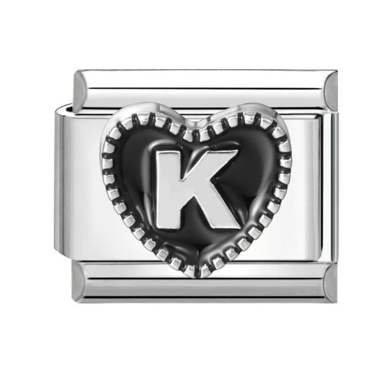 Image de 1 Pièce Maillons de Charme Italiens pour la Fabrication de Bijoux de Montres-Bracelets Modulables à Faire Soi-Même En Gros La Saint Valentin en 304 Acier Inoxydable & Alliage de Zinc Argent Mat en Noir Cœur Mots " K " 10mm x 9mm