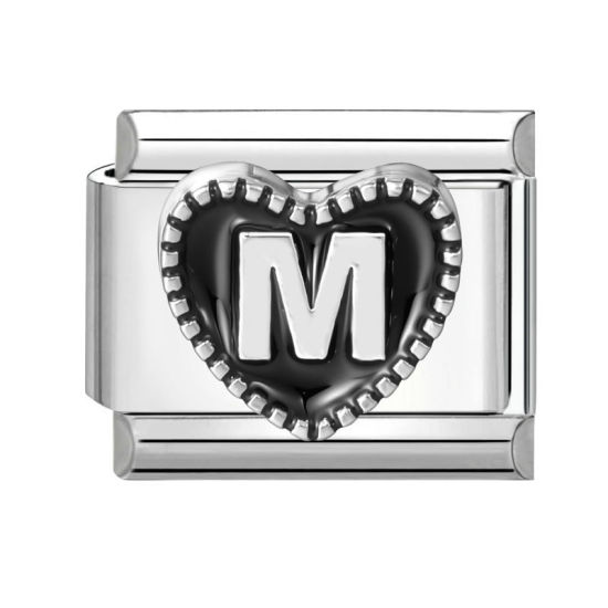 Image de 1 Pièce Maillons de Charme Italiens pour la Fabrication de Bijoux de Montres-Bracelets Modulables à Faire Soi-Même En Gros La Saint Valentin en 304 Acier Inoxydable & Alliage de Zinc Argent Mat en Noir Cœur Mots " M " 10mm x 9mm