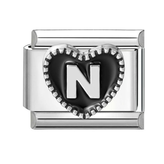 Image de 1 Pièce Maillons de Charme Italiens pour la Fabrication de Bijoux de Montres-Bracelets Modulables à Faire Soi-Même En Gros La Saint Valentin en 304 Acier Inoxydable & Alliage de Zinc Argent Mat en Noir Cœur Mots " N " 10mm x 9mm