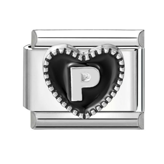 Image de 1 Pièce Maillons de Charme Italiens pour la Fabrication de Bijoux de Montres-Bracelets Modulables à Faire Soi-Même En Gros La Saint Valentin en 304 Acier Inoxydable & Alliage de Zinc Argent Mat en Noir Cœur Mots " P " 10mm x 9mm