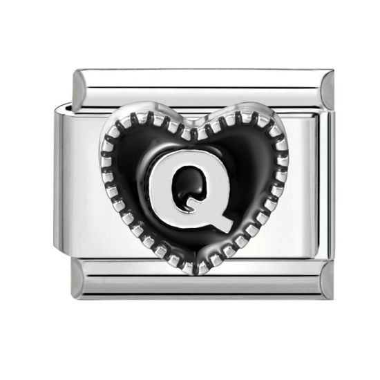 Image de 1 Pièce Maillons de Charme Italiens pour la Fabrication de Bijoux de Montres-Bracelets Modulables à Faire Soi-Même En Gros La Saint Valentin en 304 Acier Inoxydable & Alliage de Zinc Argent Mat en Noir Cœur Mots " Q " 10mm x 9mm
