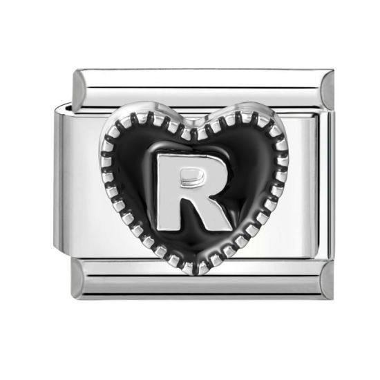 Image de 1 Pièce Maillons de Charme Italiens pour la Fabrication de Bijoux de Montres-Bracelets Modulables à Faire Soi-Même En Gros La Saint Valentin en 304 Acier Inoxydable & Alliage de Zinc Argent Mat en Noir Cœur Mots " R " 10mm x 9mm