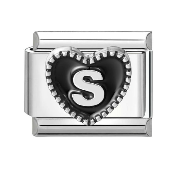 Image de 1 Pièce Maillons de Charme Italiens pour la Fabrication de Bijoux de Montres-Bracelets Modulables à Faire Soi-Même En Gros La Saint Valentin en 304 Acier Inoxydable & Alliage de Zinc Argent Mat en Noir Cœur Mots " S " 10mm x 9mm