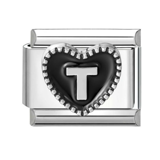 Image de 1 Pièce Maillons de Charme Italiens pour la Fabrication de Bijoux de Montres-Bracelets Modulables à Faire Soi-Même En Gros La Saint Valentin en 304 Acier Inoxydable & Alliage de Zinc Argent Mat en Noir Cœur Mots " T " 10mm x 9mm