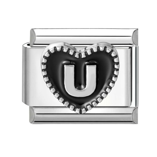 Image de 1 Pièce Maillons de Charme Italiens pour la Fabrication de Bijoux de Montres-Bracelets Modulables à Faire Soi-Même En Gros La Saint Valentin en 304 Acier Inoxydable & Alliage de Zinc Argent Mat en Noir Cœur Mots " U " 10mm x 9mm