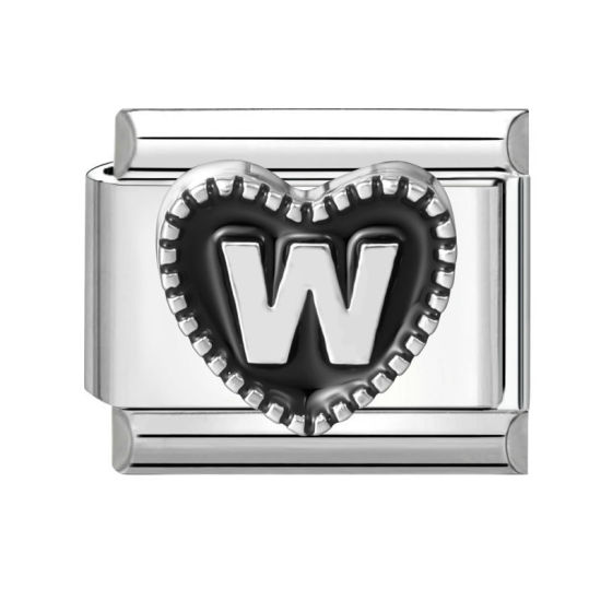 Image de 1 Pièce Maillons de Charme Italiens pour la Fabrication de Bijoux de Montres-Bracelets Modulables à Faire Soi-Même En Gros La Saint Valentin en 304 Acier Inoxydable & Alliage de Zinc Argent Mat en Noir Cœur Mots " W " 10mm x 9mm