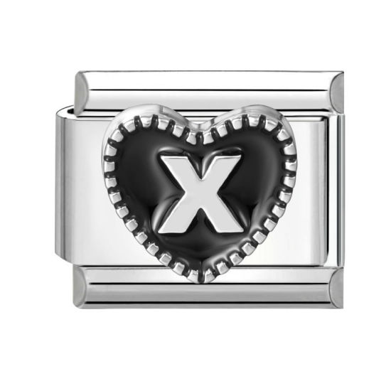 Image de 1 Pièce Maillons de Charme Italiens pour la Fabrication de Bijoux de Montres-Bracelets Modulables à Faire Soi-Même En Gros La Saint Valentin en 304 Acier Inoxydable & Alliage de Zinc Argent Mat en Noir Cœur Mots " X " 10mm x 9mm