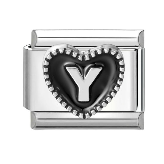 Image de 1 Pièce Maillons de Charme Italiens pour la Fabrication de Bijoux de Montres-Bracelets Modulables à Faire Soi-Même En Gros La Saint Valentin en 304 Acier Inoxydable & Alliage de Zinc Argent Mat en Noir Cœur Mots " Y " 10mm x 9mm