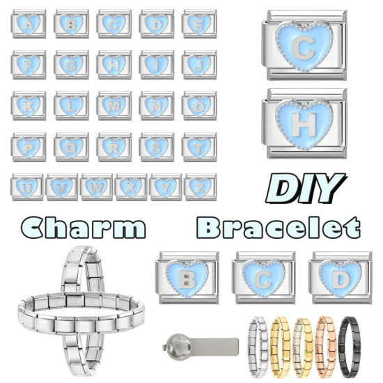 1 個 304ステンレス鋼+亜鉛合金 バレンタイン・デー イタリアンチャームリンク DIY モジュラーブレスレット・時計用, ハート 文字「 A 」 青 シルバートーン - 卸売り, 10mm x 9mm の画像