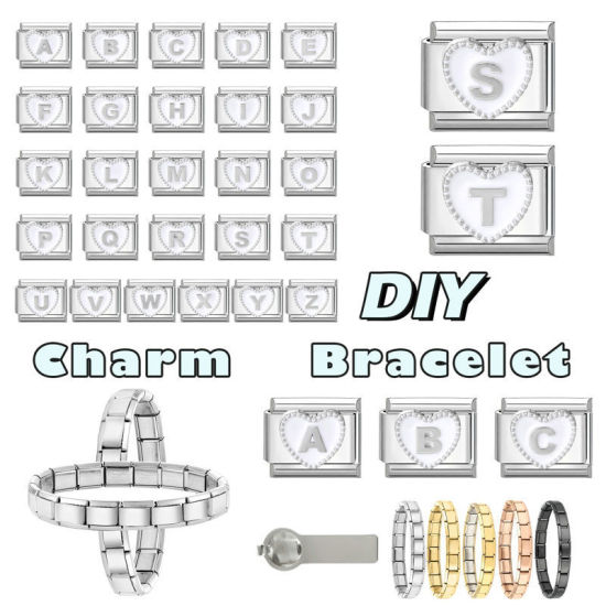 1 個 304ステンレス鋼+亜鉛合金 バレンタイン・デー イタリアンチャームリンク DIY モジュラーブレスレット・時計用, ハート 文字「 A 」 白 シルバートーン - 卸売り, 10mm x 9mm の画像