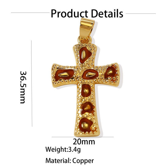 Picture of 1 Piece Brass Religious Pendants Wholesale, Cross 18K Gold Plated Coffee Enamel 3.7cm x 2cm
