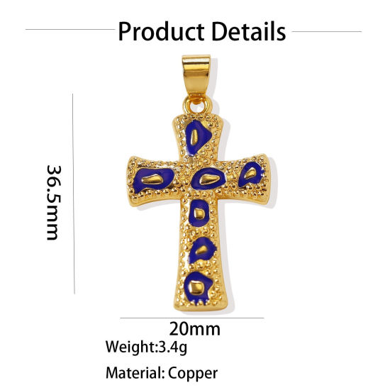 Picture of 1 Piece Brass Religious Pendants Wholesale, Cross 18K Gold Plated Royal Blue Enamel 3.7cm x 2cm
