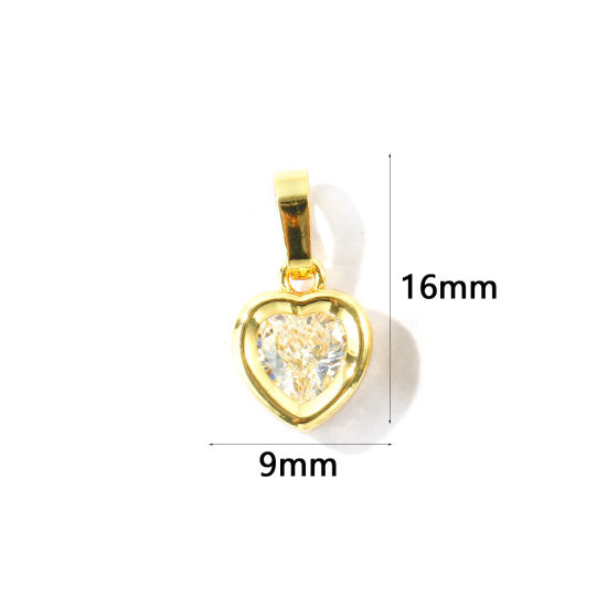 Bild von 2 Stück Messing Valentinstag Charm-Anhänger Großhandel, 18K Vergoldet Herz Klar Zirkonia 16mm x 9mm