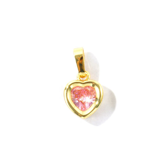 Bild von 2 Stück Messing Valentinstag Charm-Anhänger Großhandel, 18K Vergoldet Herz Rosa Zirkonia 16mm x 9mm