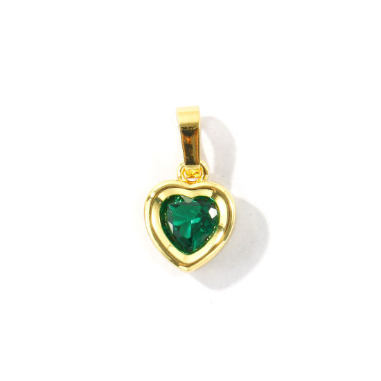 Bild von 2 Stück Messing Valentinstag Charm-Anhänger Großhandel, 18K Vergoldet Herz Grün Zirkonia 16mm x 9mm