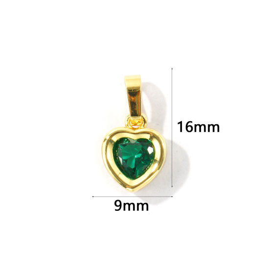 Bild von 2 Stück Messing Valentinstag Charm-Anhänger Großhandel, 18K Vergoldet Herz Grün Zirkonia 16mm x 9mm