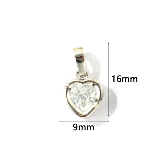 Bild von 2 Stück Messing Valentinstag Charm-Anhänger Großhandel, Platin Plattiert Herz Klar Zirkonia 16mm x 9mm