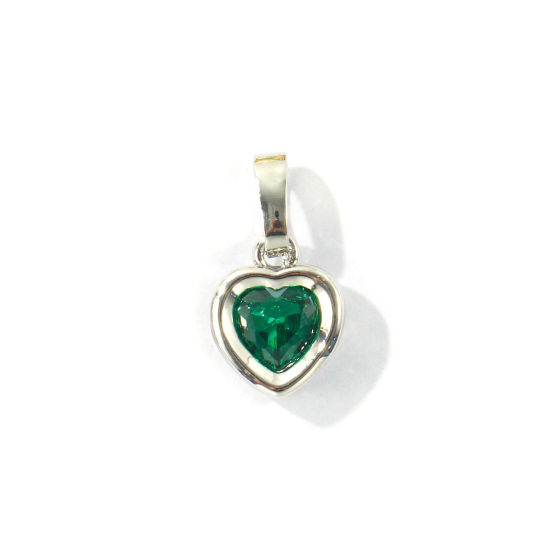 Bild von 2 Stück Messing Valentinstag Charm-Anhänger Großhandel, Platin Plattiert Herz Grün Zirkonia 16mm x 9mm