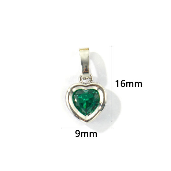 Bild von 2 Stück Messing Valentinstag Charm-Anhänger Großhandel, Platin Plattiert Herz Grün Zirkonia 16mm x 9mm