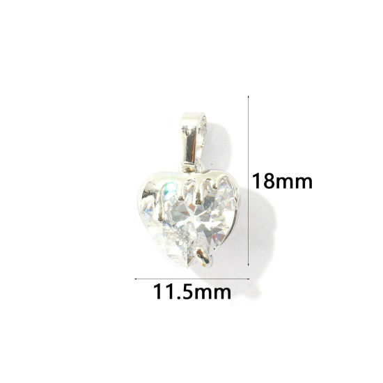 Bild von 2 Stück Messing Valentinstag Charm-Anhänger Großhandel, Platin Plattiert Herz Klar Zirkonia 18mm x 11.5mm