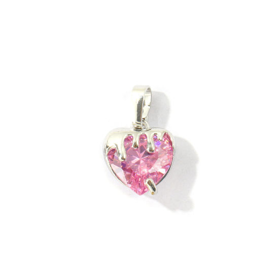 Bild von 2 Stück Messing Valentinstag Charm-Anhänger Großhandel, Platin Plattiert Herz Rosa Zirkonia 18mm x 11.5mm