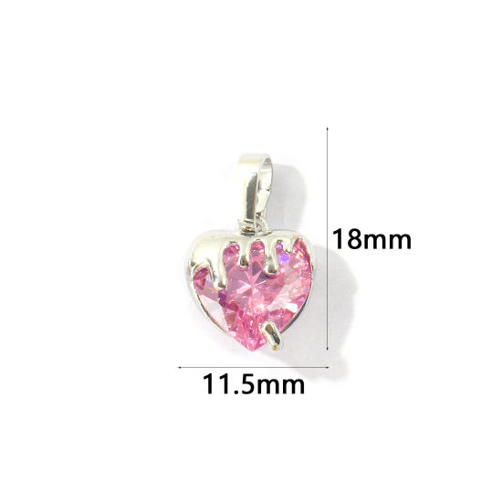 Bild von 2 Stück Messing Valentinstag Charm-Anhänger Großhandel, Platin Plattiert Herz Rosa Zirkonia 18mm x 11.5mm