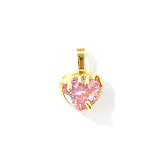 Bild von 2 Stück Messing Valentinstag Charm-Anhänger Großhandel, 18K Vergoldet Herz Rosa Zirkonia 18mm x 11.5mm