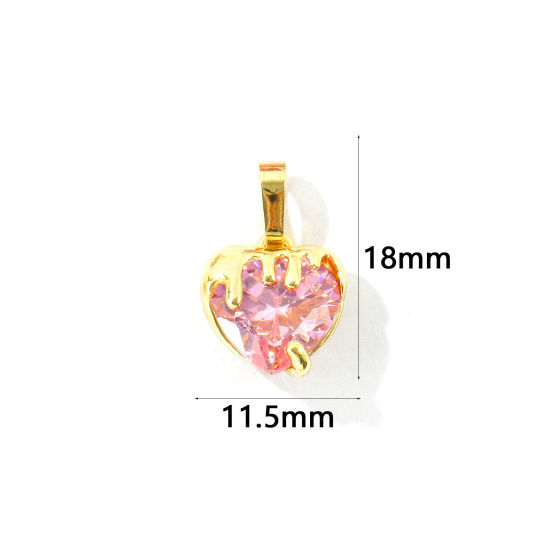 Bild von 2 Stück Messing Valentinstag Charm-Anhänger Großhandel, 18K Vergoldet Herz Rosa Zirkonia 18mm x 11.5mm