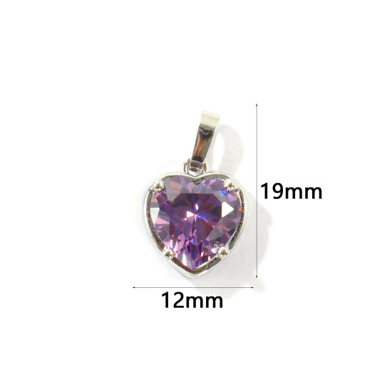 1 個 真鍮 バレンタイン・デー チャーム ペンダント 卸売り, ハート プラチナメッキ 紫 ジルコン 19mm x 12mm、 の画像