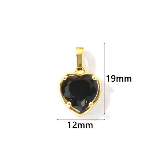 1 個 真鍮 バレンタイン・デー チャーム ペンダント 卸売り, ハート 18Kゴールドメッキ 黒 ジルコン 19mm x 12mm、 の画像