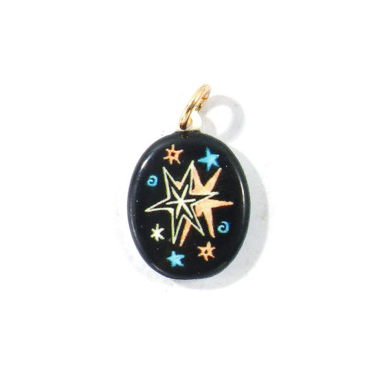 Immagine di 1 Pz Ottone Galassia Ciondoli All'Ingrosso, Ovale Stella Placcato Oro 18K Nero Stampato 24mm x 14mm