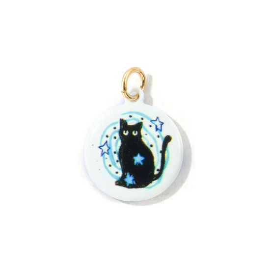 Immagine di 1 Pz Ottone Ciondoli All'Ingrosso, Tondo Gatto Placcato Oro 18K Nero Stampato 24mm x 17mm