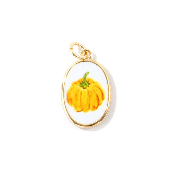 Immagine di 1 Pz Ottone Ciondoli All'Ingrosso, Ovale Zucca Placcato Oro 18K Giallo Stampato 27mm x 14mm