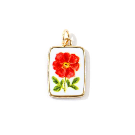Immagine di 1 Pz Ottone Ciondoli All'Ingrosso, Rettangolo Fiore Placcato Oro 18K Rosso Stampato 26mm x 14mm